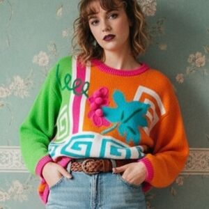 Santoria L Vintage 80s 90s Neon Artsy Eclectic Abstract Dopamine 3D Knit Sweater